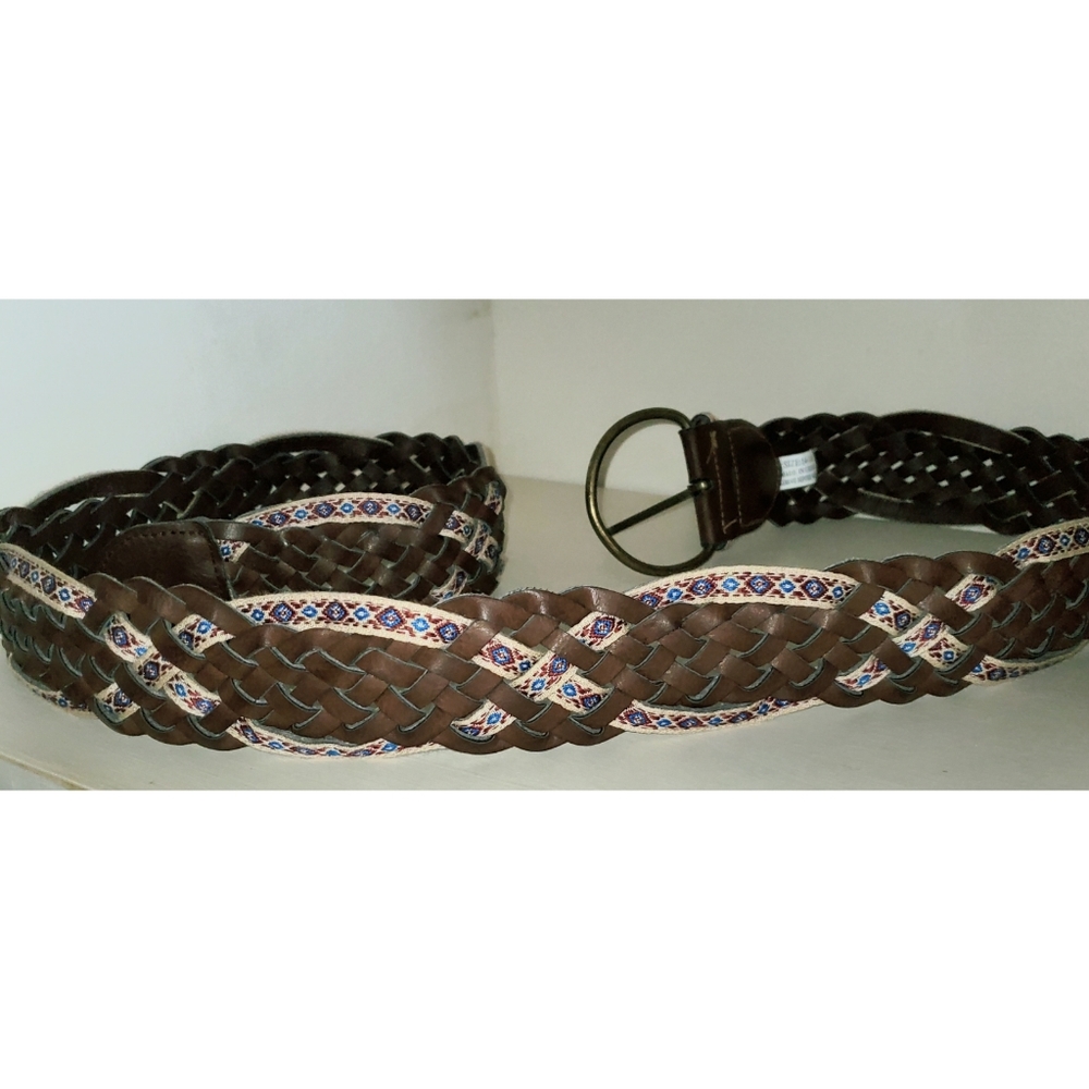 Vintage Brown Vegan Braided Belt Woven Faux Leather Embroidered Trim Hippie 2" W - Picture 8 of 9